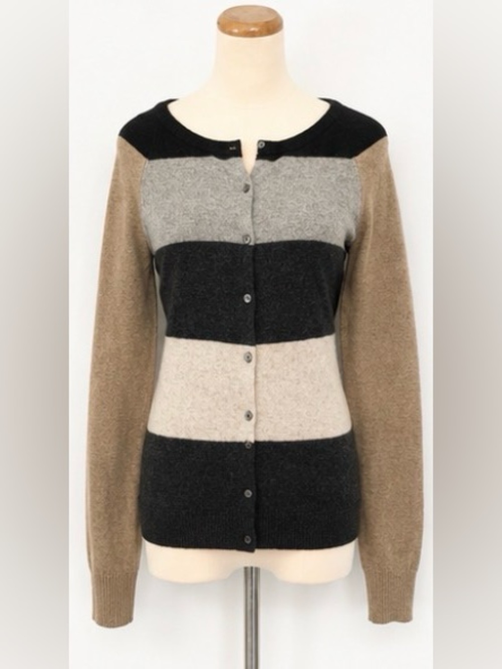 [Autumn Cashmere] 100% Cashmere Gray Black Striped Cardigan w/ Elbow Patches XS
